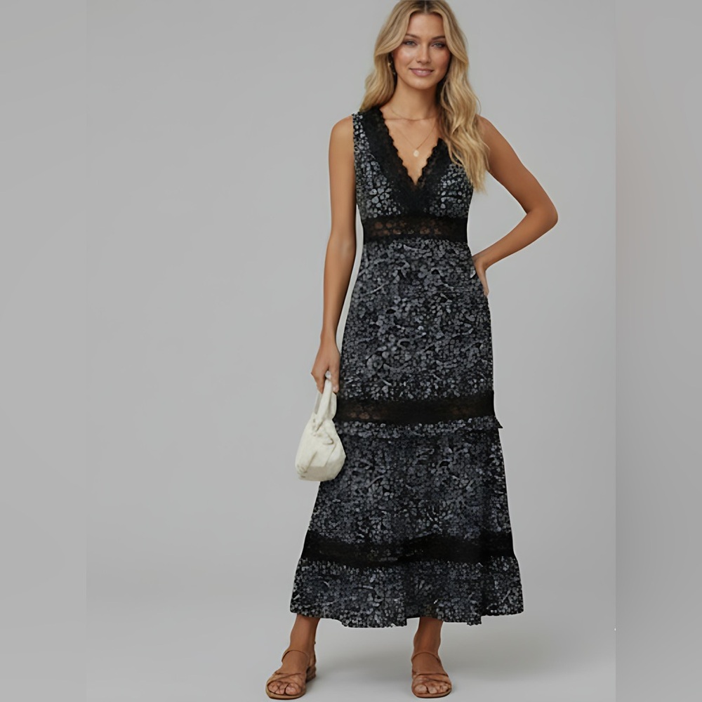 LAST ONE 🔥 Floral Print Guipure Lace Insert Ruffle Trim Dress - Picture 3 of 8